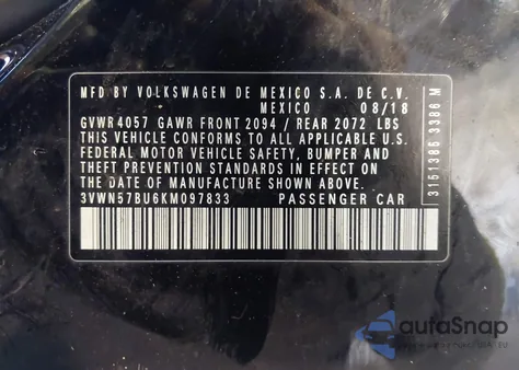 2019 Volkswagen Jetta 1.4T S from USA, damaged, VIN 3VWN57BU6KM097833